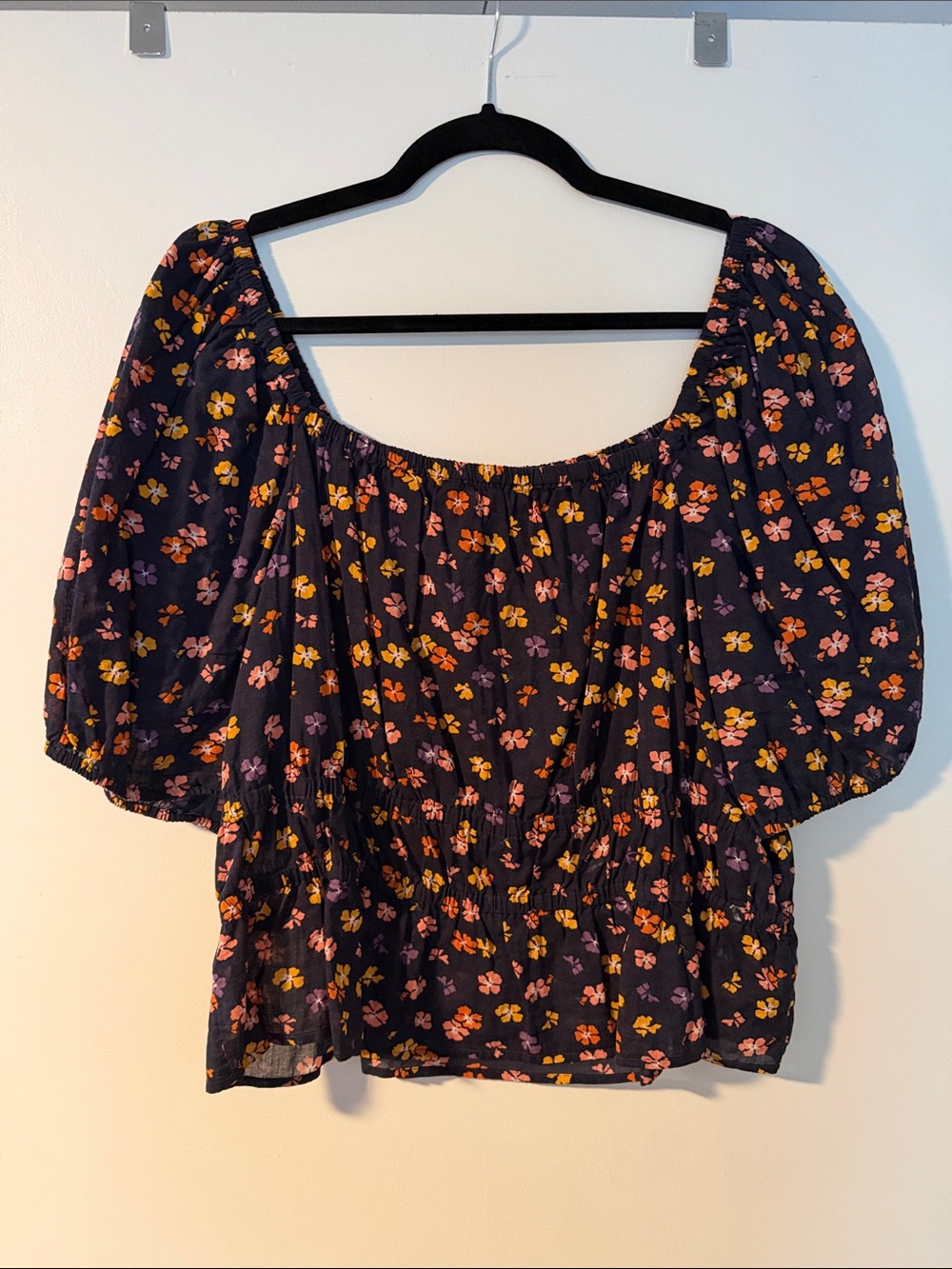 Madewell Navy Floral Puff-Sleeve Peplum Blouse